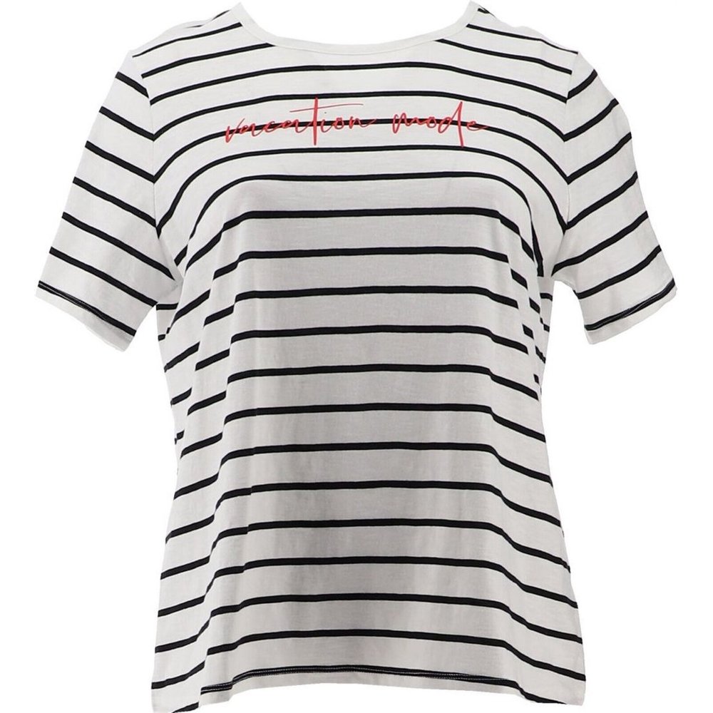 NWT DENIM & CO. TEXTURED KNIT "SUMMER‎ TIME" SHORT SLEEVE STRIPED TOP NAVY SMALL